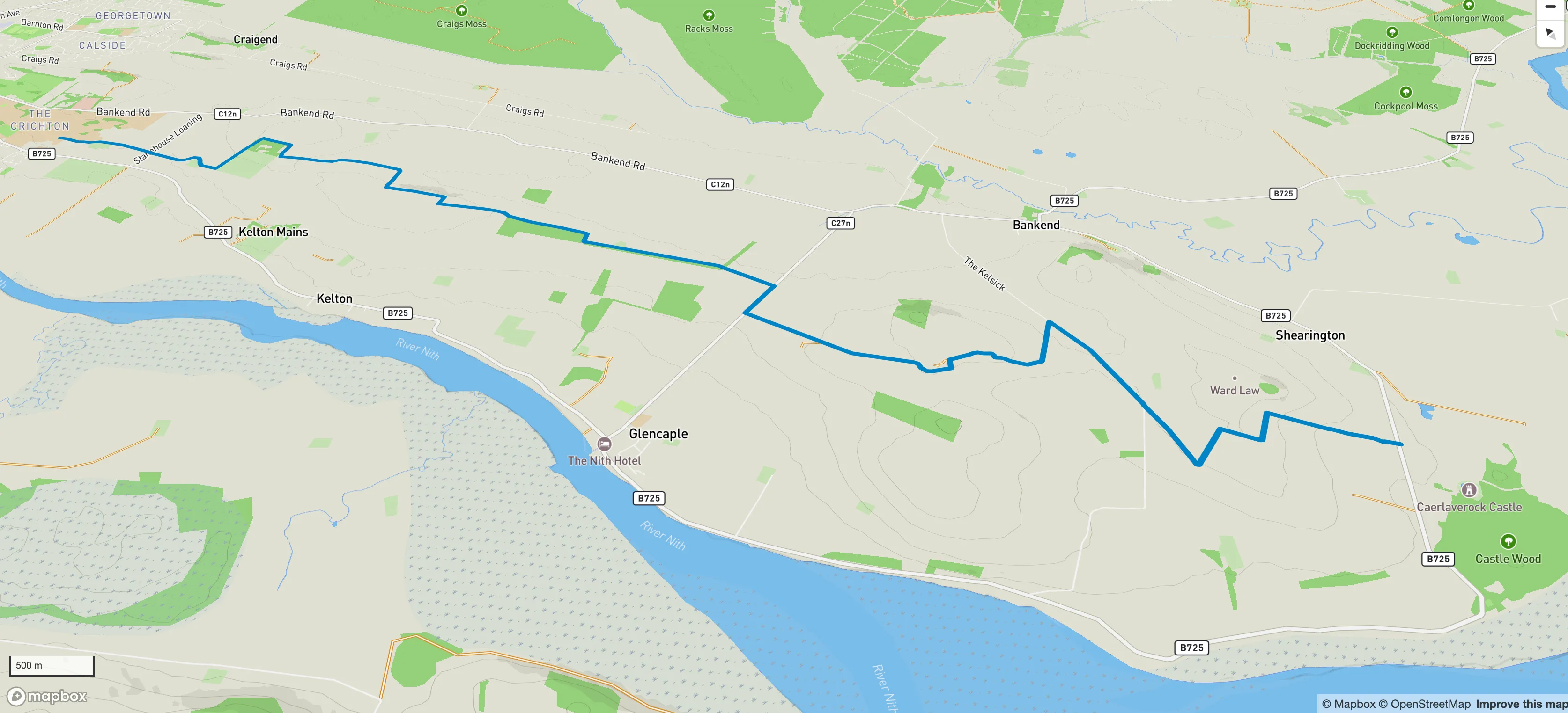 Example route from Caerlaverock Castle to Dumfries